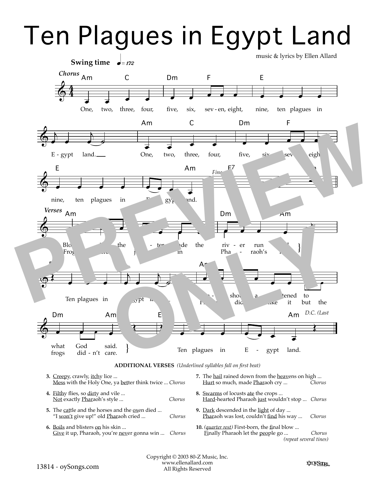 Ellen Allard Ten Plagues Sheet Music Notes & Chords for Melody Line, Lyrics & Chords - Download or Print PDF