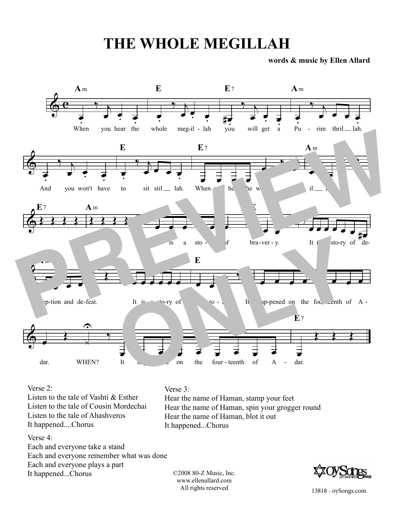 Ellen Allard The Whole Megillah Sheet Music Notes & Chords for Melody Line, Lyrics & Chords - Download or Print PDF