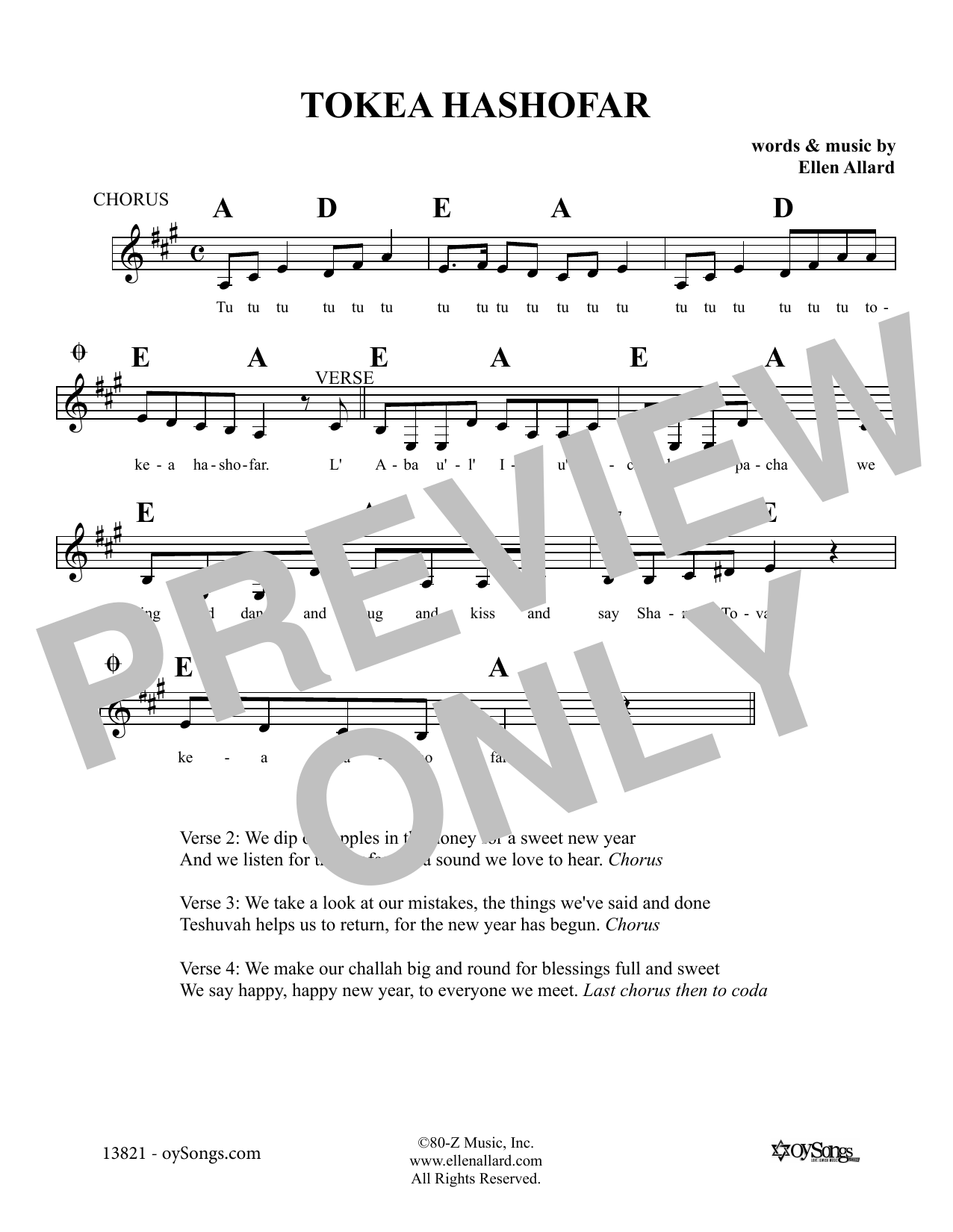 Ellen Allard Tokei'a Hashofar Sheet Music Notes & Chords for Melody Line, Lyrics & Chords - Download or Print PDF