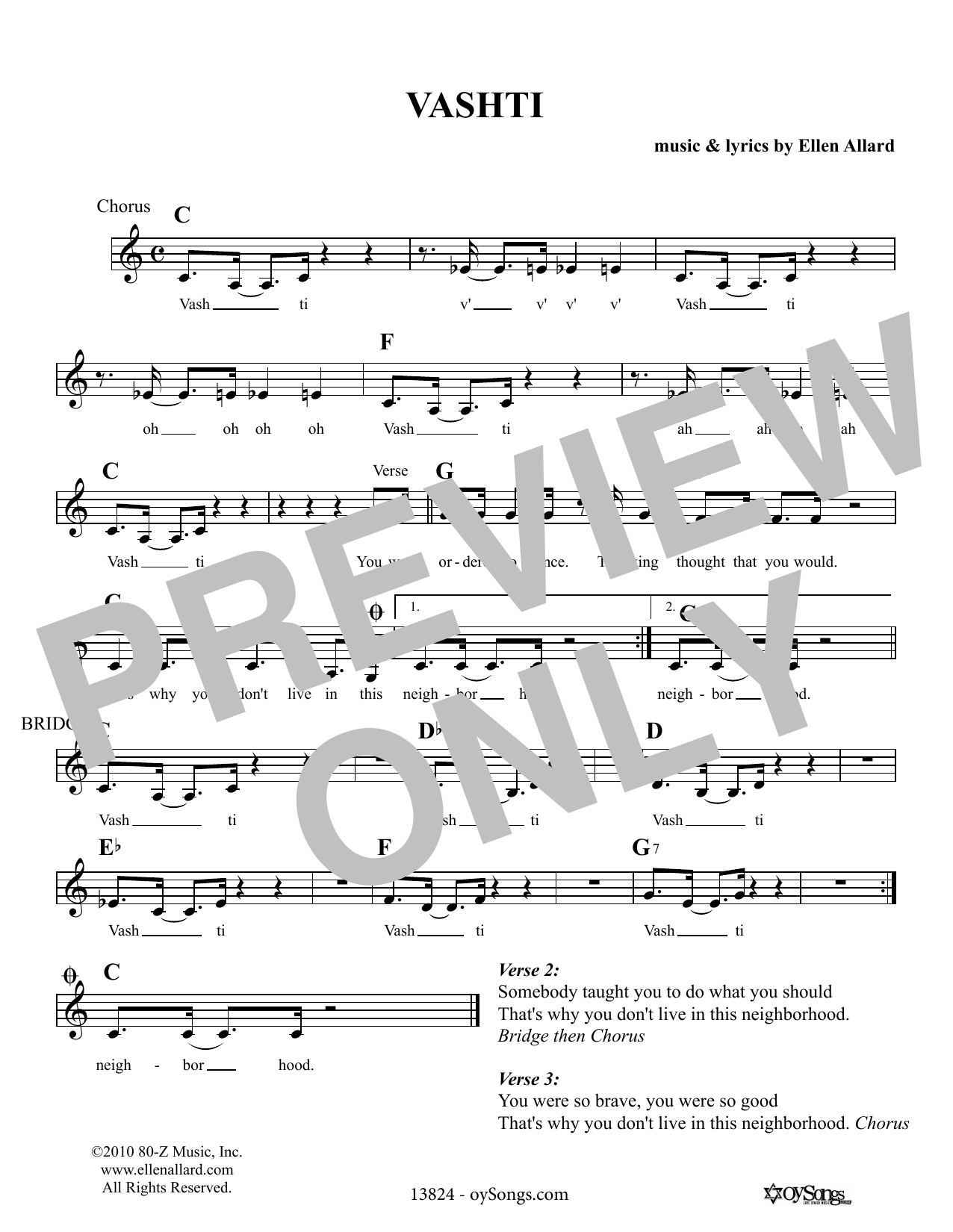 Ellen Allard Vashti Sheet Music Notes & Chords for Melody Line, Lyrics & Chords - Download or Print PDF