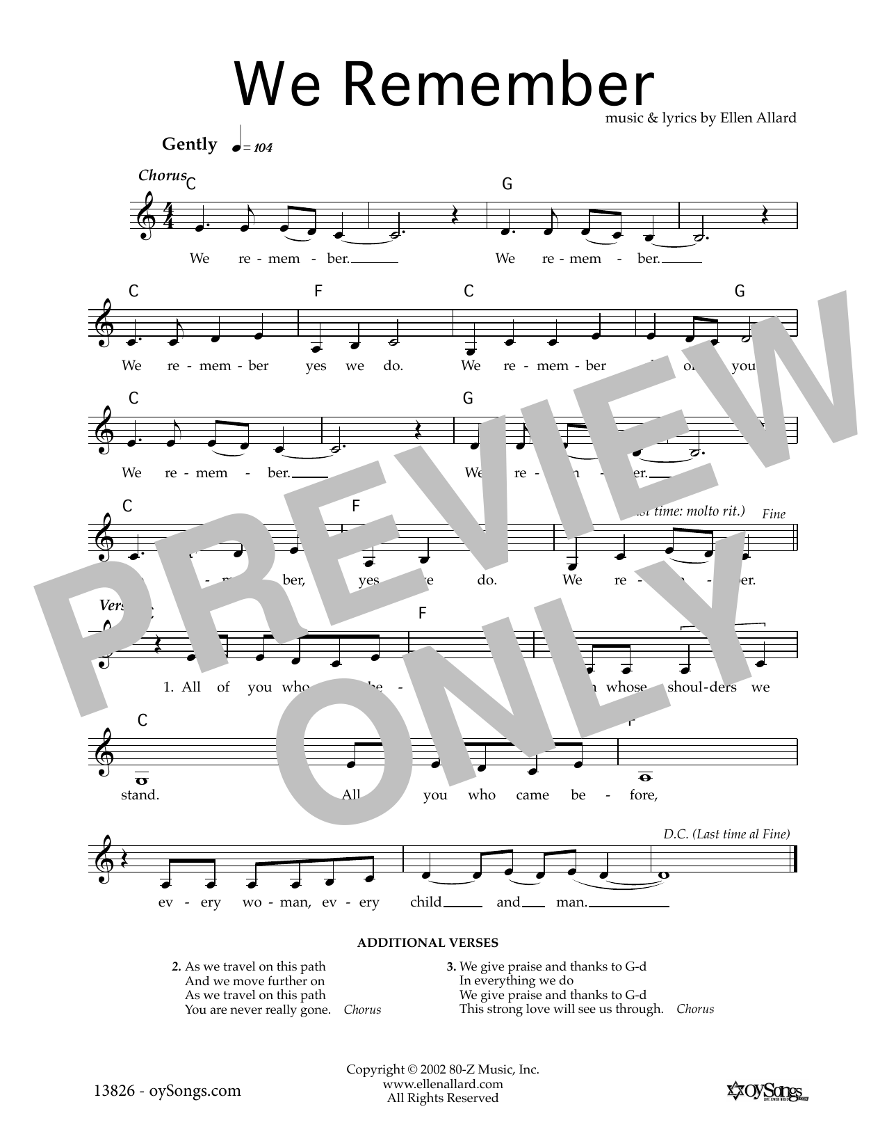 Ellen Allard We Remember Sheet Music Notes & Chords for Melody Line, Lyrics & Chords - Download or Print PDF