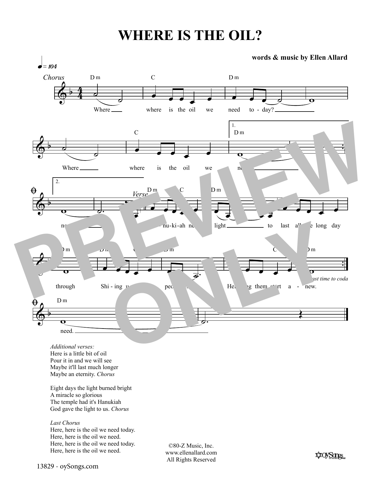 Ellen Allard Where Is The Oil Sheet Music Notes & Chords for Melody Line, Lyrics & Chords - Download or Print PDF