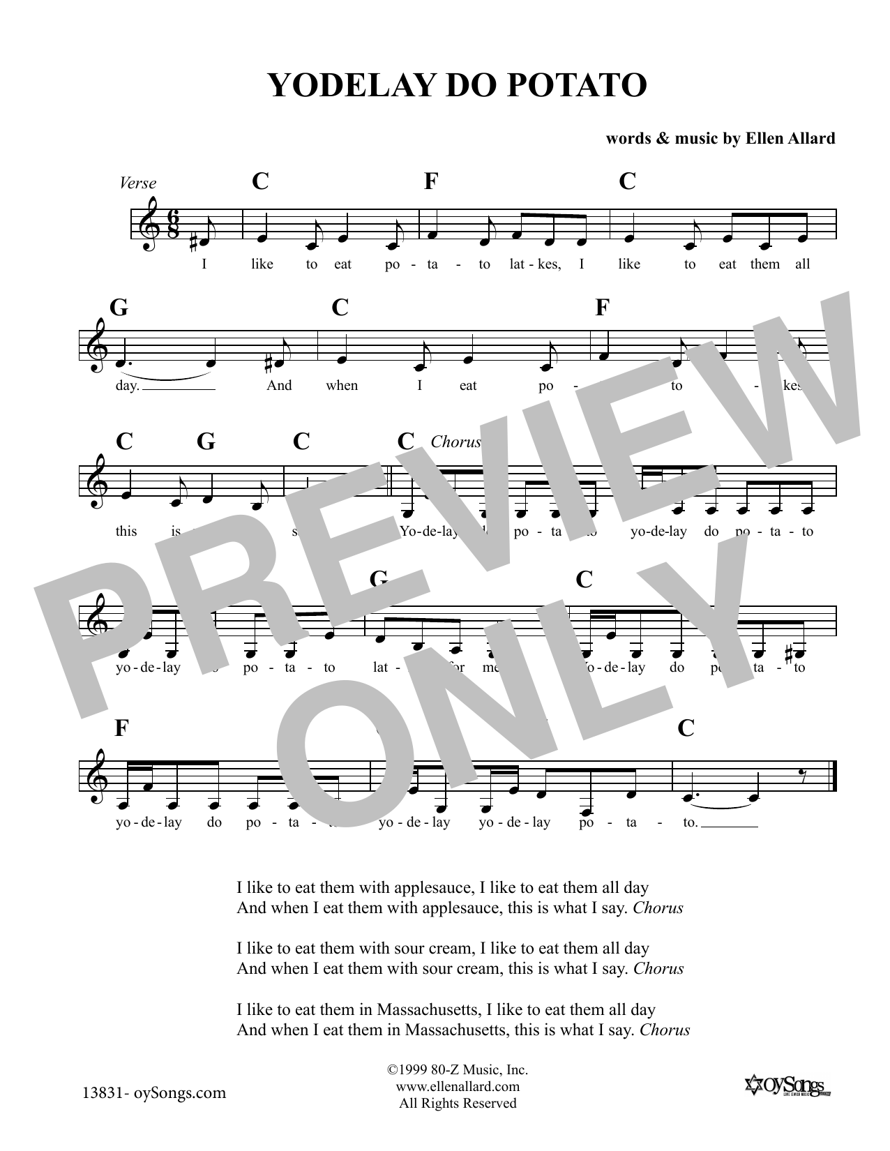Ellen Allard Yodelay Do Potato Sheet Music Notes & Chords for Melody Line, Lyrics & Chords - Download or Print PDF