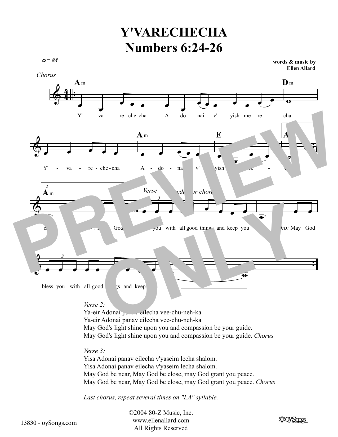 Ellen Allard Y'varechecha May God Bless You Sheet Music Notes & Chords for Melody Line, Lyrics & Chords - Download or Print PDF