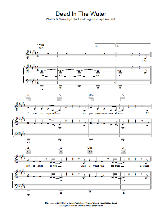 Ellie Goulding Dead In The Water Sheet Music Notes & Chords for Piano, Vocal & Guitar (Right-Hand Melody) - Download or Print PDF