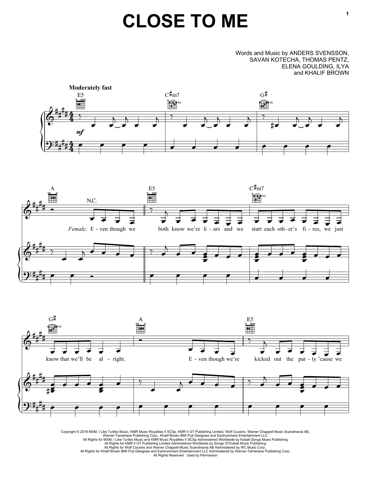 Ellie Goulding, Diplo & Swae Lee Close To Me Sheet Music Notes & Chords for Piano, Vocal & Guitar (Right-Hand Melody) - Download or Print PDF