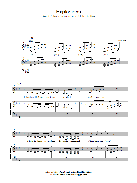 Ellie Goulding Explosions Sheet Music Notes & Chords for Piano, Vocal & Guitar (Right-Hand Melody) - Download or Print PDF