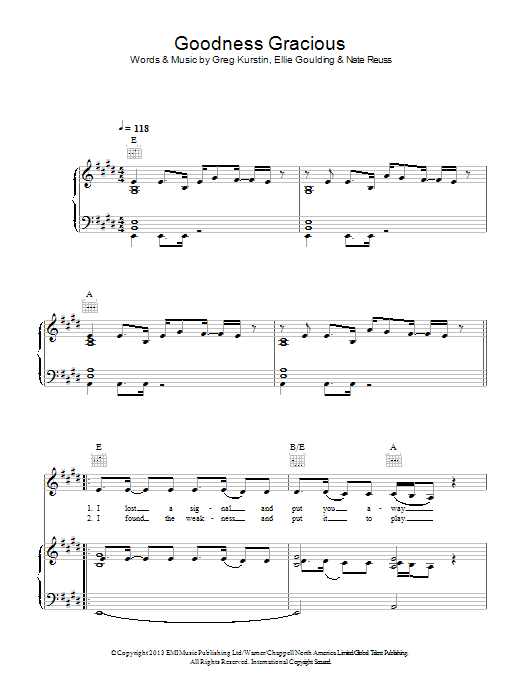 Ellie Goulding Goodness Gracious Sheet Music Notes & Chords for Piano, Vocal & Guitar (Right-Hand Melody) - Download or Print PDF