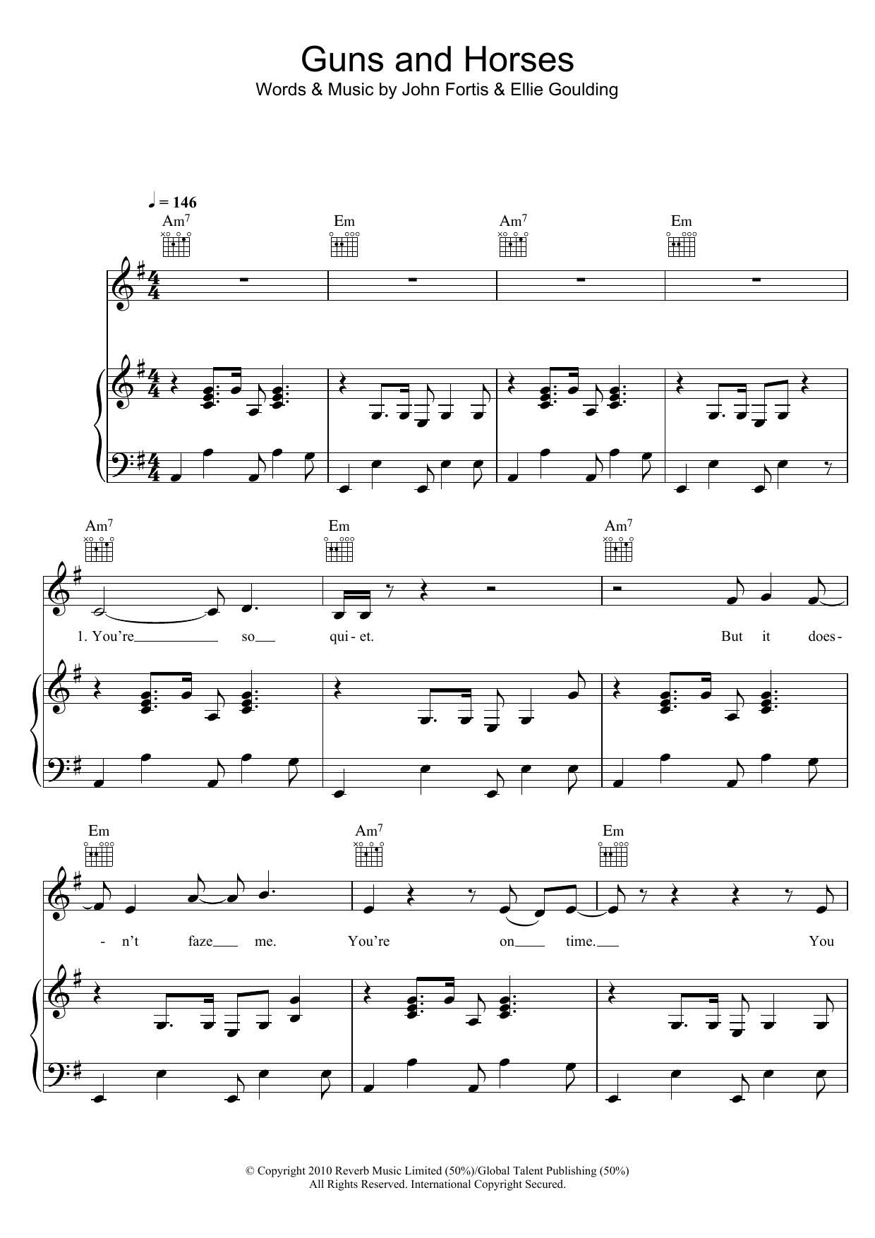 Ellie Goulding Guns And Horses Sheet Music Notes & Chords for Piano, Vocal & Guitar (Right-Hand Melody) - Download or Print PDF