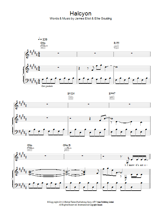 Ellie Goulding Halcyon Sheet Music Notes & Chords for Piano, Vocal & Guitar (Right-Hand Melody) - Download or Print PDF