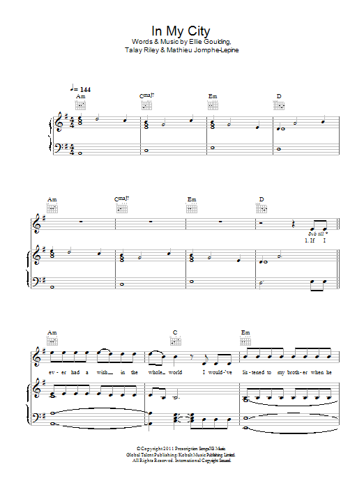 Ellie Goulding In My City Sheet Music Notes & Chords for Piano, Vocal & Guitar (Right-Hand Melody) - Download or Print PDF