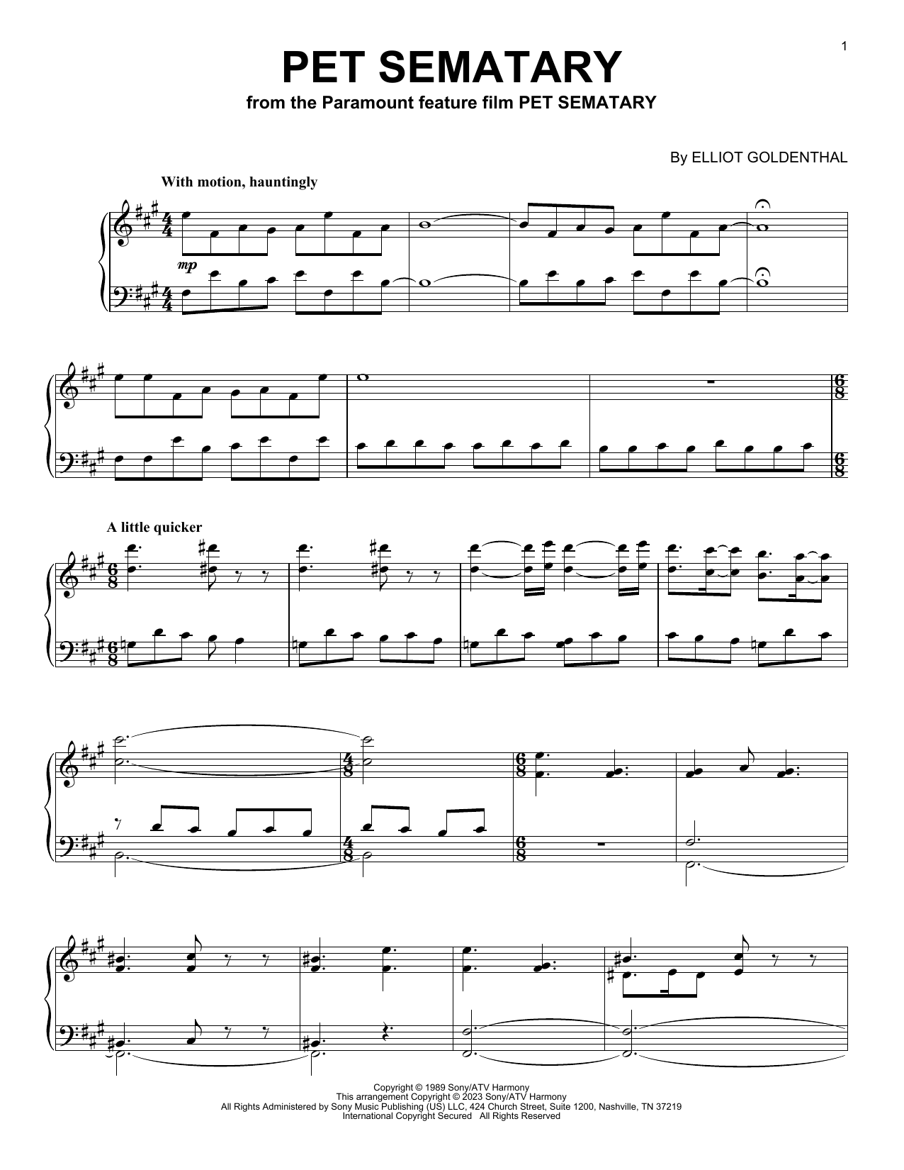 Elliot Goldenthal Pet Sematary Sheet Music Notes & Chords for Piano Solo - Download or Print PDF