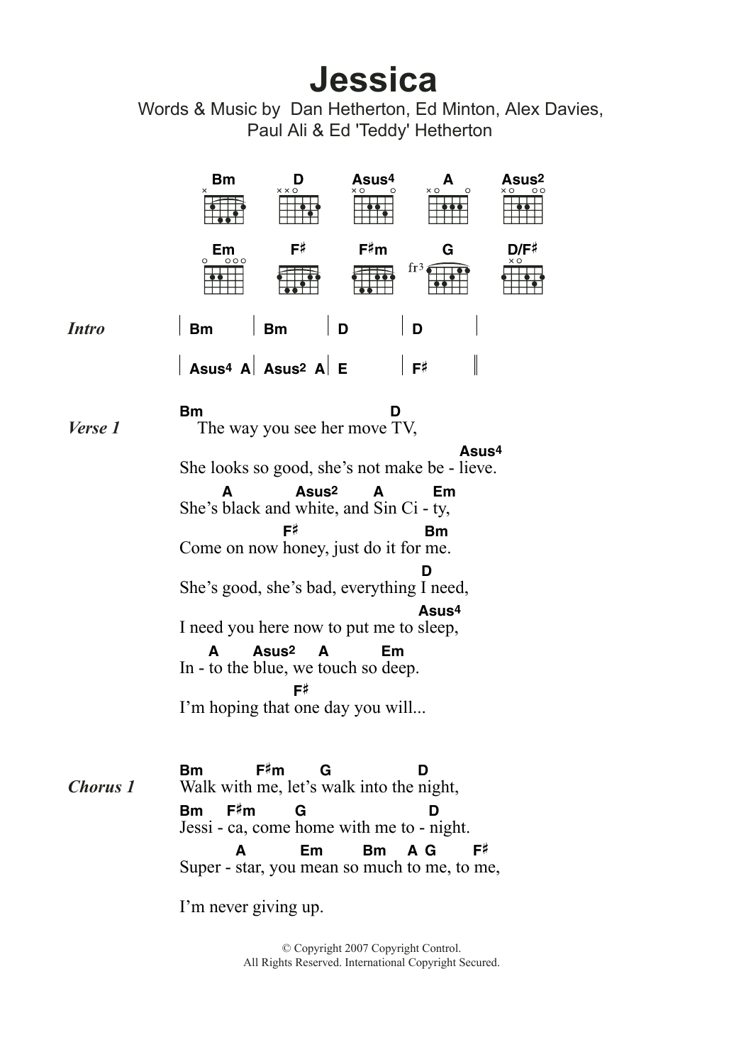 Elliot Minor Jessica Sheet Music Notes & Chords for Lyrics & Chords - Download or Print PDF