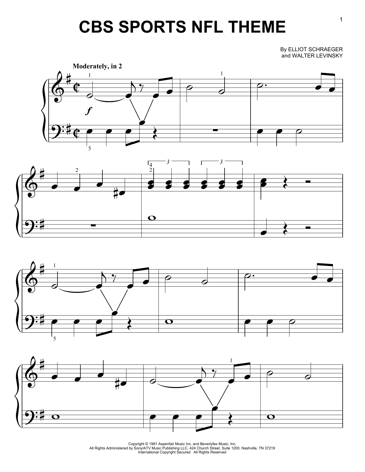 Elliot Schraeger and Walter Levinsky CBS Sports NFL Theme Sheet Music Notes & Chords for Big Note Piano - Download or Print PDF