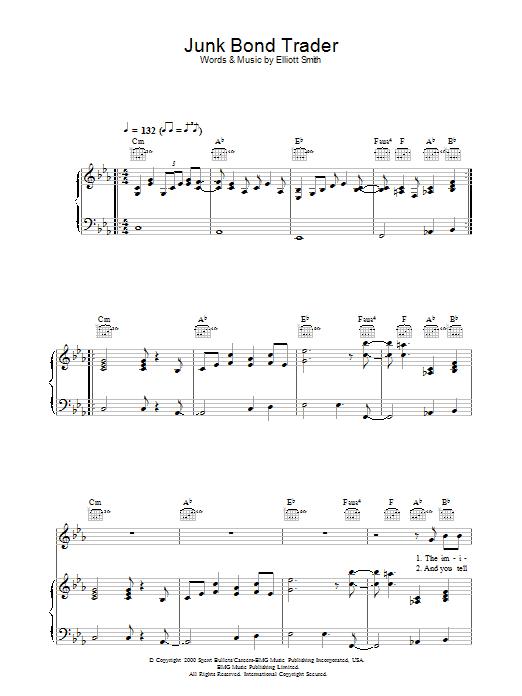 Elliott Smith Junk Bond Trader Sheet Music Notes & Chords for Piano, Vocal & Guitar - Download or Print PDF