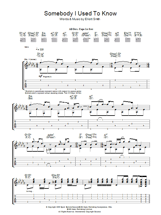 Elliot Smith Somebody That I Used To Know Sheet Music Notes & Chords for Guitar Tab - Download or Print PDF