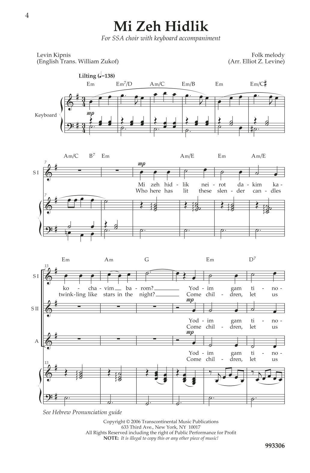 Elliot Z. Levine Three Yiddish Chanukah Songs For Treble Choir Sheet Music Notes & Chords for SSA - Download or Print PDF