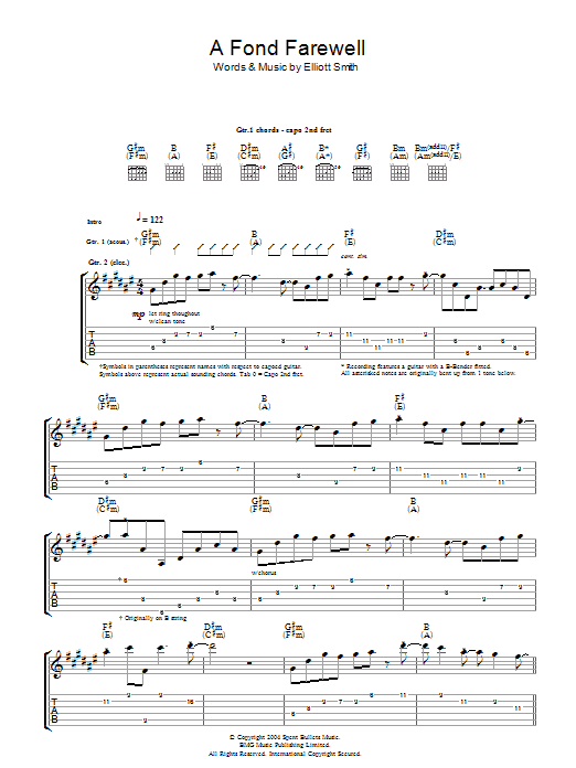 Elliott Smith A Fond Farewell Sheet Music Notes & Chords for Guitar Tab - Download or Print PDF