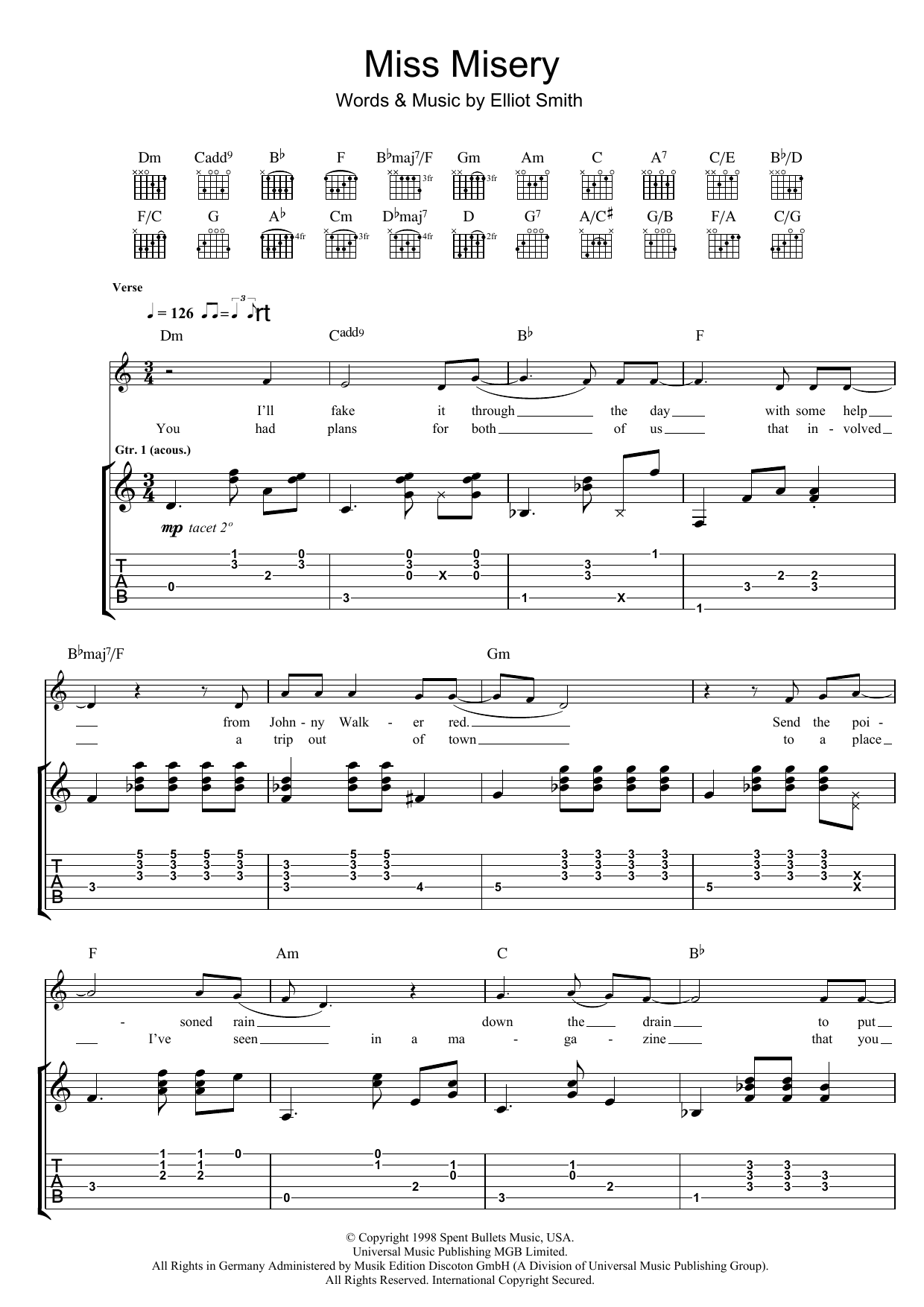 Elliott Smith Miss Misery Sheet Music Notes & Chords for Piano, Vocal & Guitar Chords (Right-Hand Melody) - Download or Print PDF