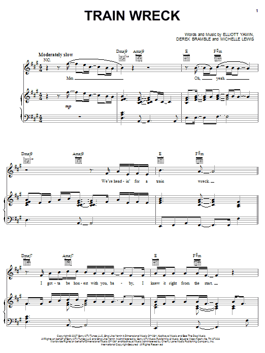 Elliott Yamin Train Wreck Sheet Music Notes & Chords for Piano, Vocal & Guitar (Right-Hand Melody) - Download or Print PDF