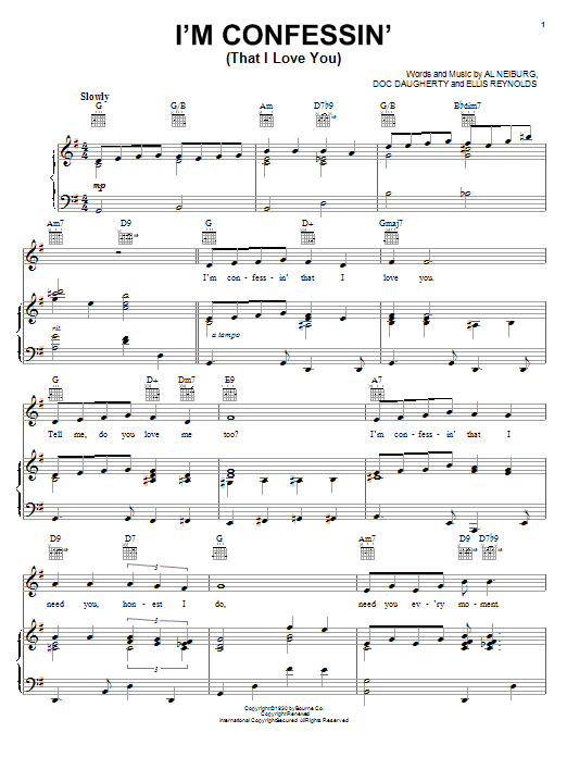 Ellis Reynolds I'm Confessin' (That I Love You) Sheet Music Notes & Chords for Piano, Vocal & Guitar (Right-Hand Melody) - Download or Print PDF