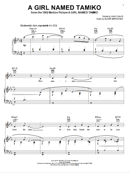 Elmer Bernstein A Girl Named Tamiko Sheet Music Notes & Chords for Piano, Vocal & Guitar (Right-Hand Melody) - Download or Print PDF