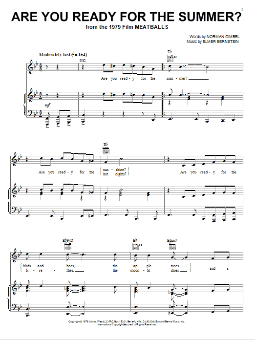 Elmer Bernstein Are You Ready For The Summer? Sheet Music Notes & Chords for Piano, Vocal & Guitar (Right-Hand Melody) - Download or Print PDF
