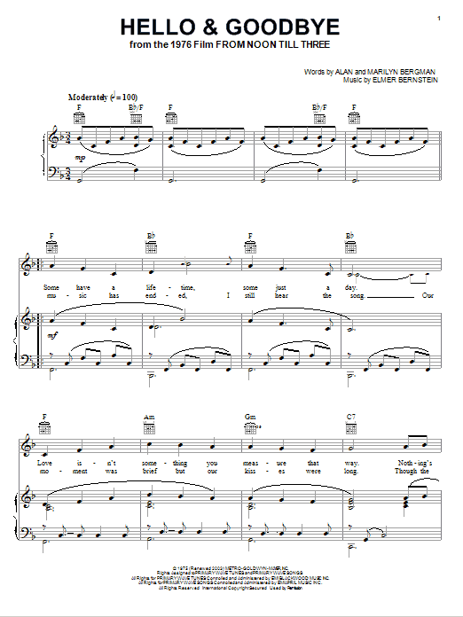 Elmer Bernstein Hello & Goodbye Sheet Music Notes & Chords for Piano, Vocal & Guitar (Right-Hand Melody) - Download or Print PDF