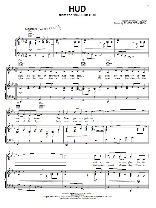 Elmer Bernstein Hud Sheet Music Notes & Chords for Piano, Vocal & Guitar (Right-Hand Melody) - Download or Print PDF