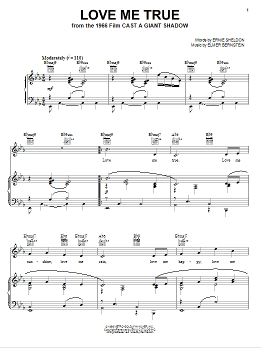 Elmer Bernstein Love Me True Sheet Music Notes & Chords for Piano, Vocal & Guitar (Right-Hand Melody) - Download or Print PDF