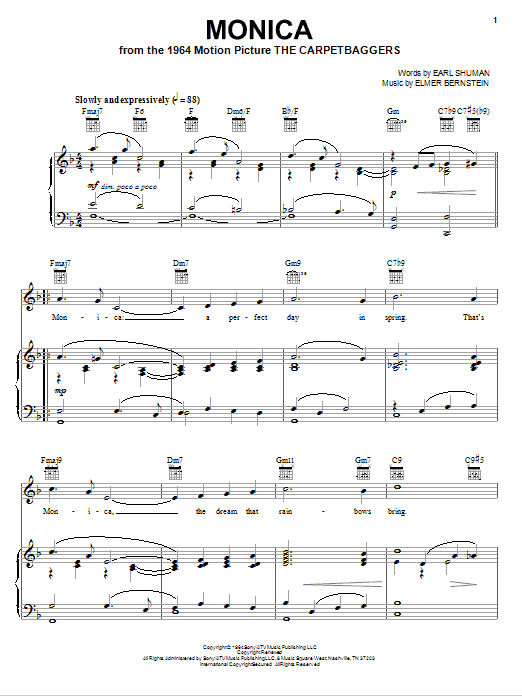 Elmer Bernstein Monica Sheet Music Notes & Chords for Piano, Vocal & Guitar (Right-Hand Melody) - Download or Print PDF