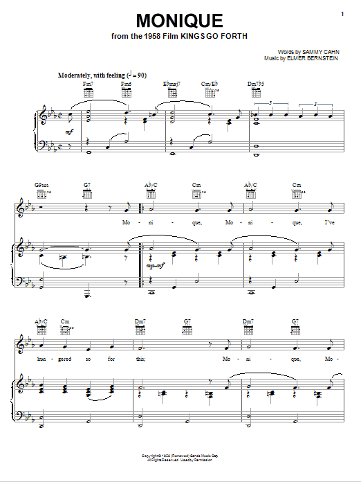 Elmer Bernstein Monique Sheet Music Notes & Chords for Piano, Vocal & Guitar (Right-Hand Melody) - Download or Print PDF