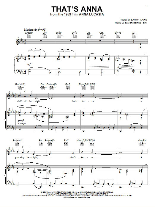 Elmer Bernstein That's Anna Sheet Music Notes & Chords for Piano, Vocal & Guitar (Right-Hand Melody) - Download or Print PDF