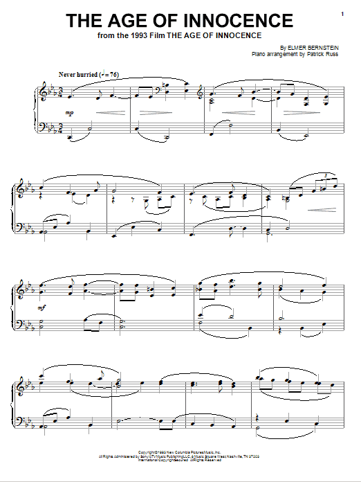 Elmer Bernstein The Age Of Innocence Sheet Music Notes & Chords for Piano - Download or Print PDF