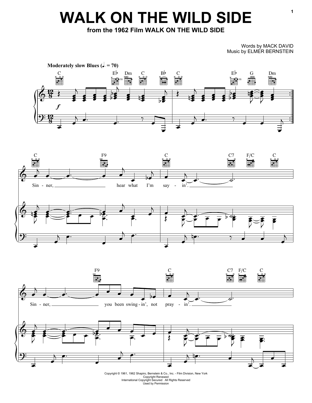 Elmer Bernstein Walk On The Wild Side Sheet Music Notes & Chords for Piano, Vocal & Guitar (Right-Hand Melody) - Download or Print PDF