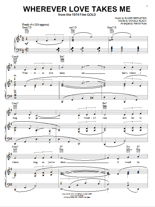 Elmer Bernstein Wherever Love Takes Me Sheet Music Notes & Chords for Piano, Vocal & Guitar (Right-Hand Melody) - Download or Print PDF