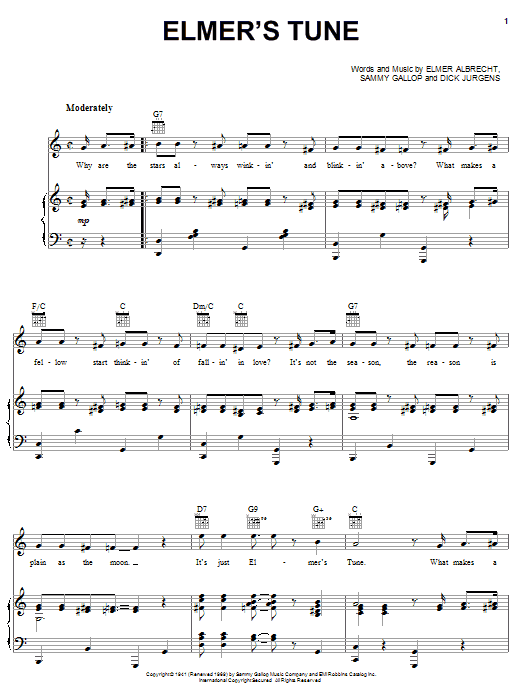 Preview Elmer Albrecht Elmer's Tune Jazz sheet music, notes and chords for Piano, Vocal & Guitar (Right-Hand Melody), SKU: 25627 Elmer's Tune sheet music