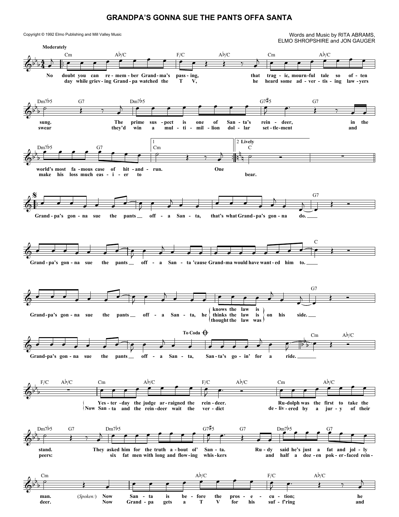 Elmo Shropshire Grandpa's Gonna Sue The Pants Offa Santa Sheet Music Notes & Chords for Melody Line, Lyrics & Chords - Download or Print PDF Elmo Shropshire Grandpa's Gonna Sue The Pants Offa Santa Sheet Music Notes & Chords for Melody Line, Lyrics & Chords - Download or Print PDF