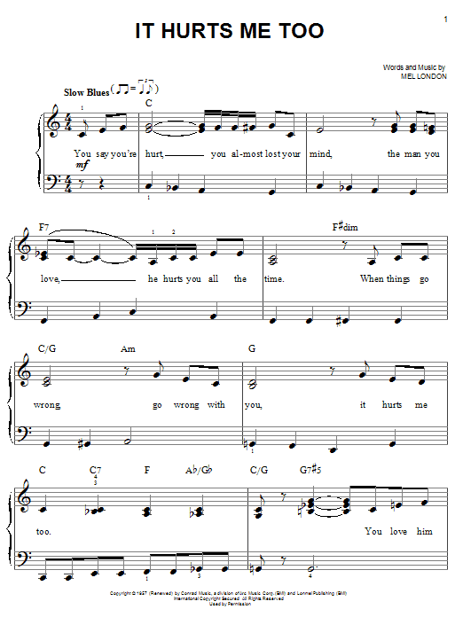 Elmore James It Hurts Me Too Sheet Music Notes & Chords for Piano, Vocal & Guitar (Right-Hand Melody) - Download or Print PDF