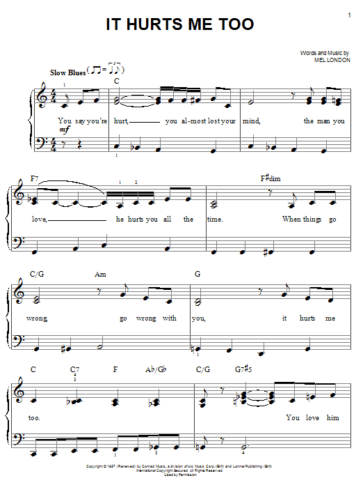 Preview Elmore James It Hurts Me Too Blues sheet music, notes and chords for Easy Piano, SKU: 50418 It Hurts Me Too sheet music