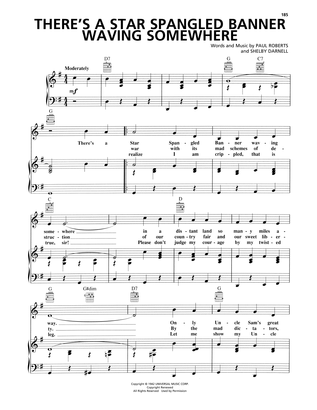 Elton Britt There's A Star Spangled Banner Waving Somewhere Sheet Music Notes & Chords for Piano, Vocal & Guitar (Right-Hand Melody) - Download or Print PDF