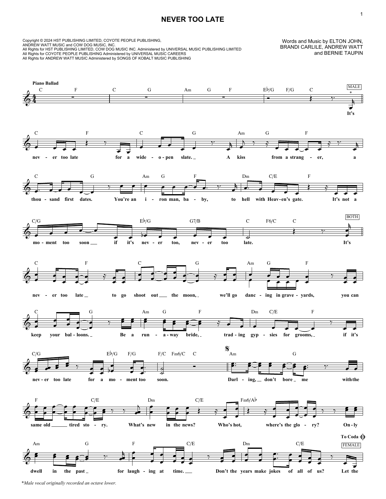 Elton John Never Too Late Sheet Music Notes & Chords for Piano, Vocal & Guitar Chords (Right-Hand Melody) - Download or Print PDF