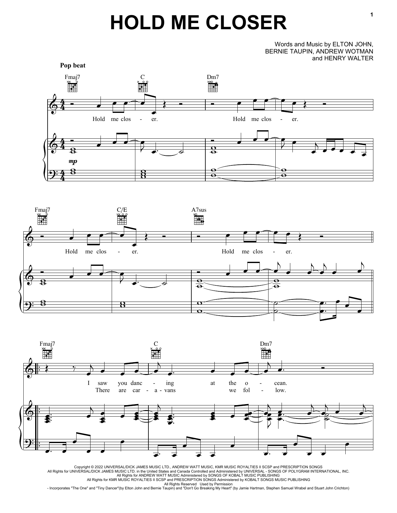 Elton John & Britney Spears Hold Me Closer Sheet Music Notes & Chords for Piano, Vocal & Guitar Chords (Right-Hand Melody) - Download or Print PDF