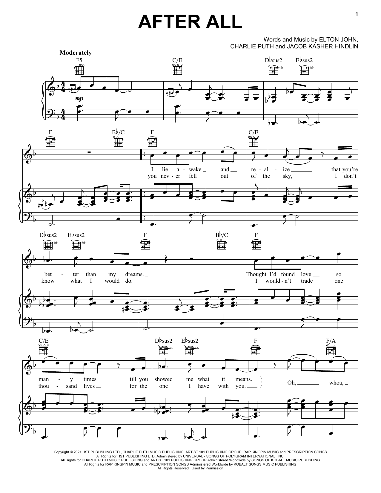 Elton John & Charlie Puth After All Sheet Music Notes & Chords for Piano, Vocal & Guitar (Right-Hand Melody) - Download or Print PDF