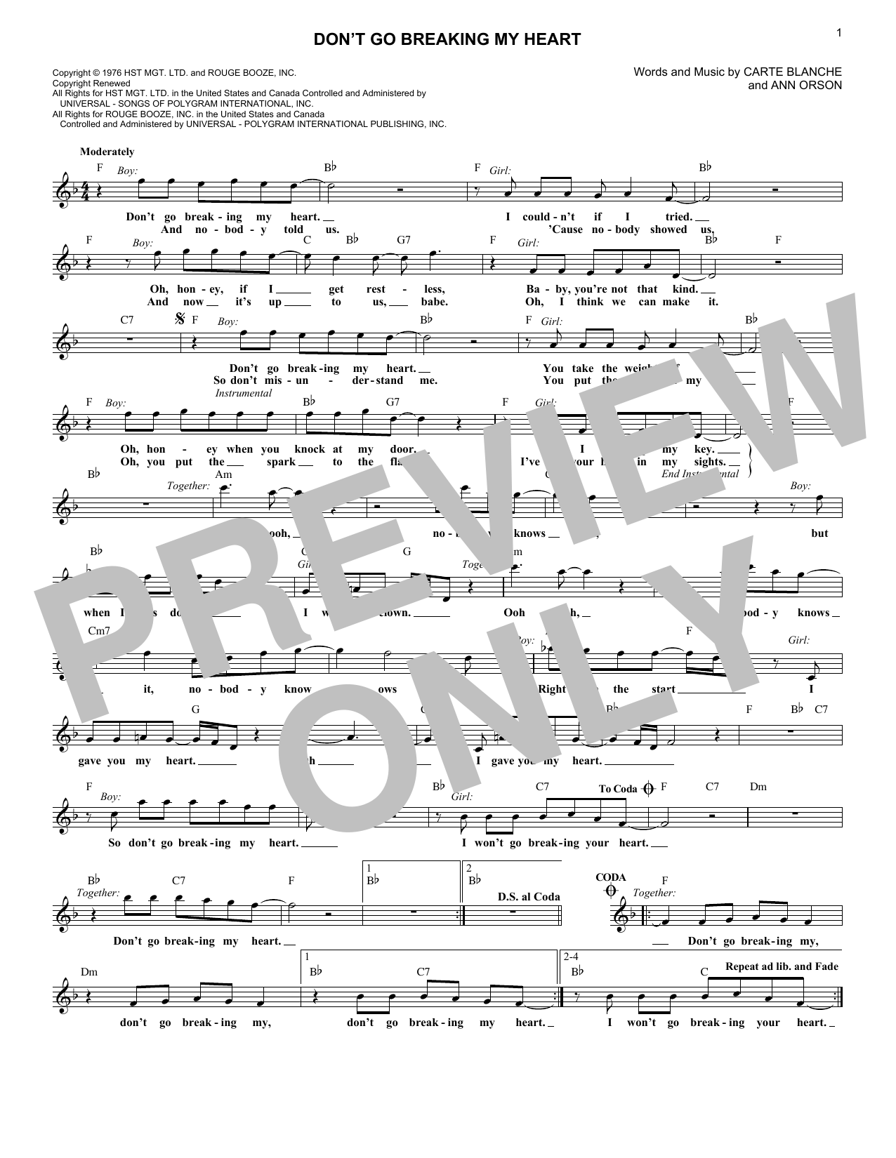 Elton John & Kiki Dee Don't Go Breaking My Heart Sheet Music Notes & Chords for Melody Line, Lyrics & Chords - Download or Print PDF