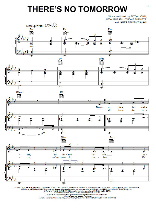 Elton John & Leon Russell There's No Tomorrow Sheet Music Notes & Chords for Piano, Vocal & Guitar (Right-Hand Melody) - Download or Print PDF
