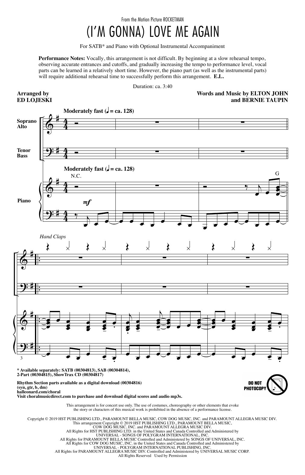 Elton John & Taron Egerton (I'm Gonna) Love Me Again (from Rocketman) (arr. Ed Lojeski) Sheet Music Notes & Chords for SATB Choir - Download or Print PDF