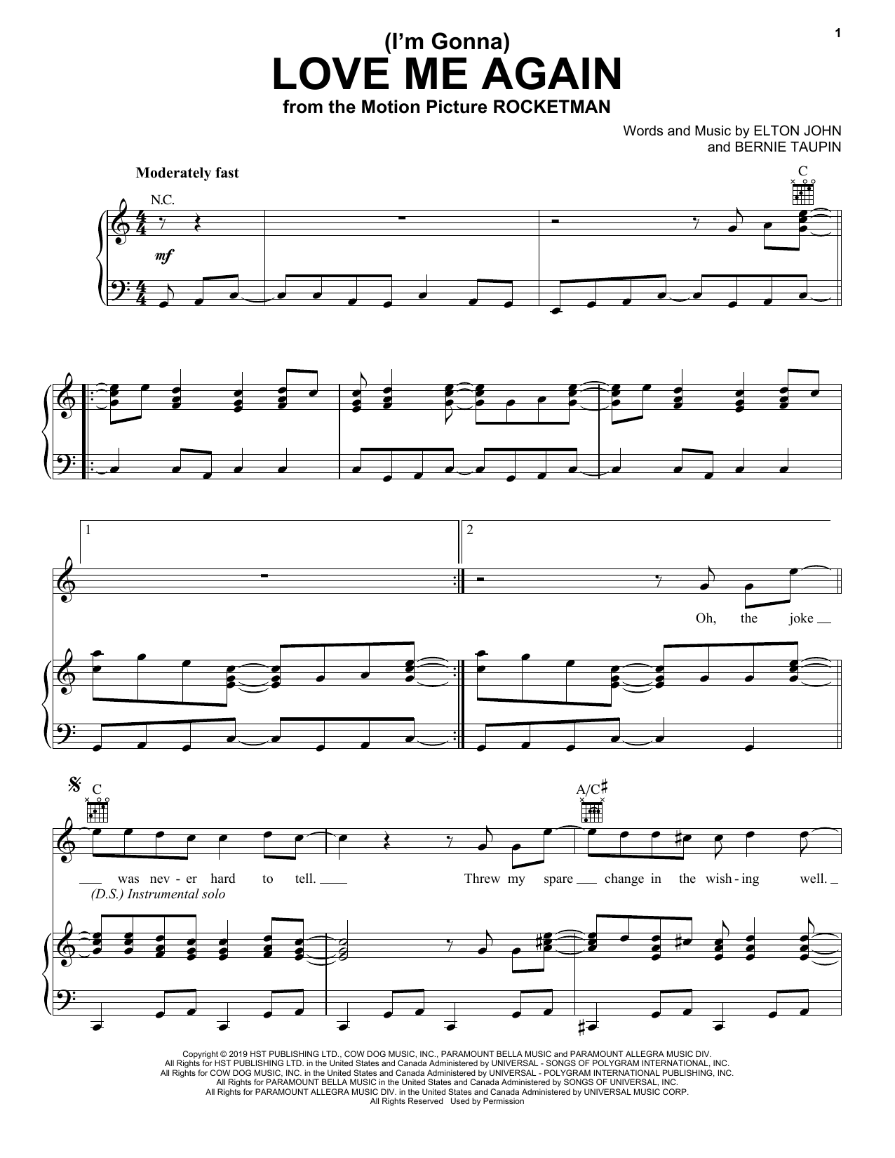 Elton John & Taron Egerton (I'm Gonna) Love Me Again (from Rocketman) Sheet Music Notes & Chords for Piano, Vocal & Guitar (Right-Hand Melody) - Download or Print PDF