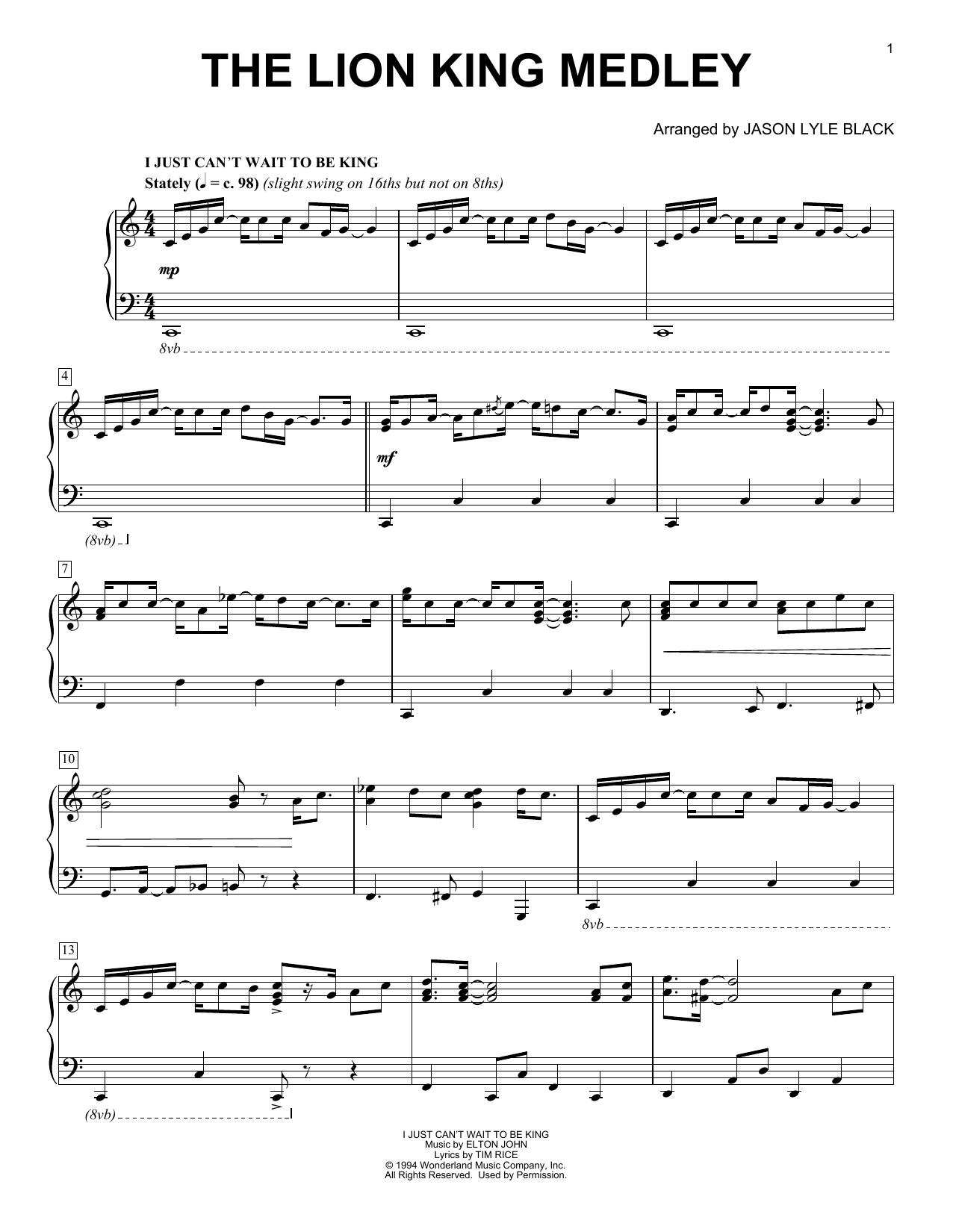 Elton John & Tim Rice Lion King Medley (arr. Jason Lyle Black) Sheet Music Notes & Chords for Piano - Download or Print PDF