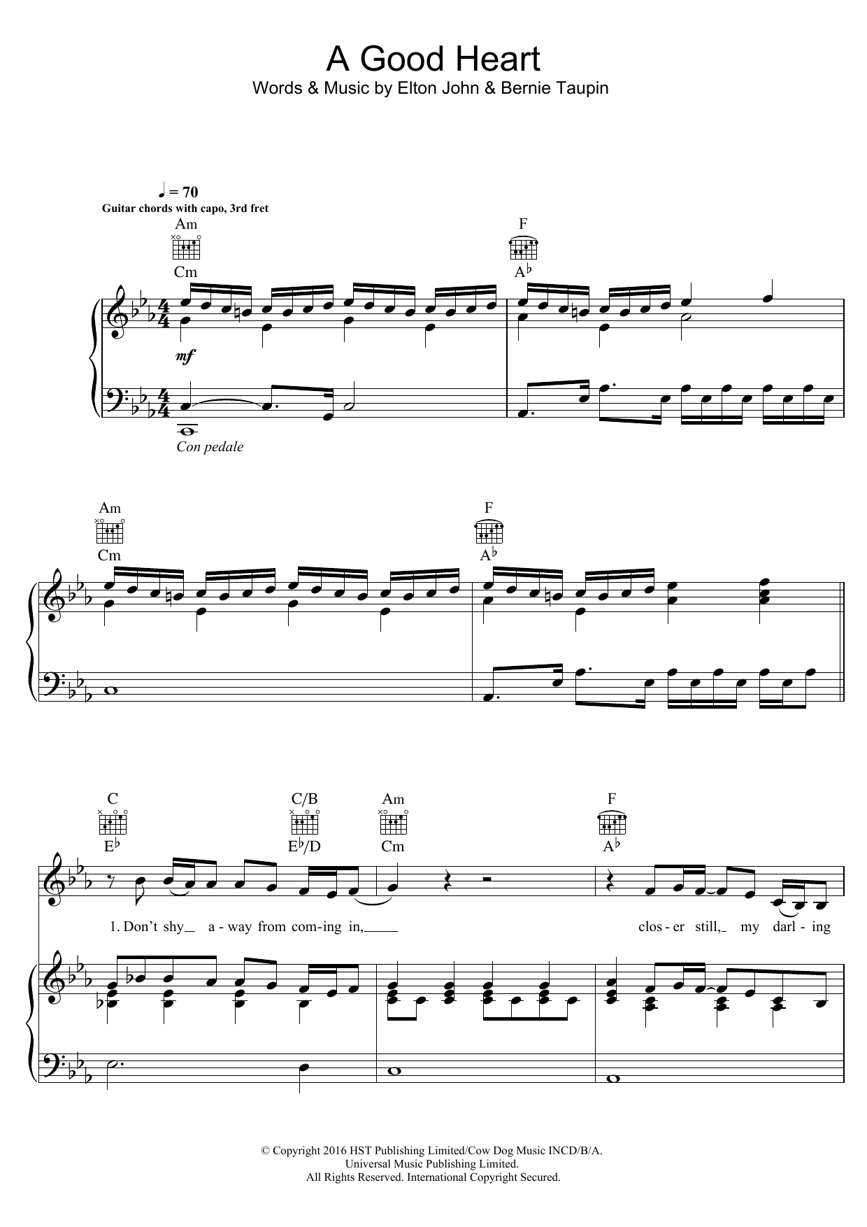 Elton John A Good Heart Sheet Music Notes & Chords for Piano, Vocal & Guitar (Right-Hand Melody) - Download or Print PDF